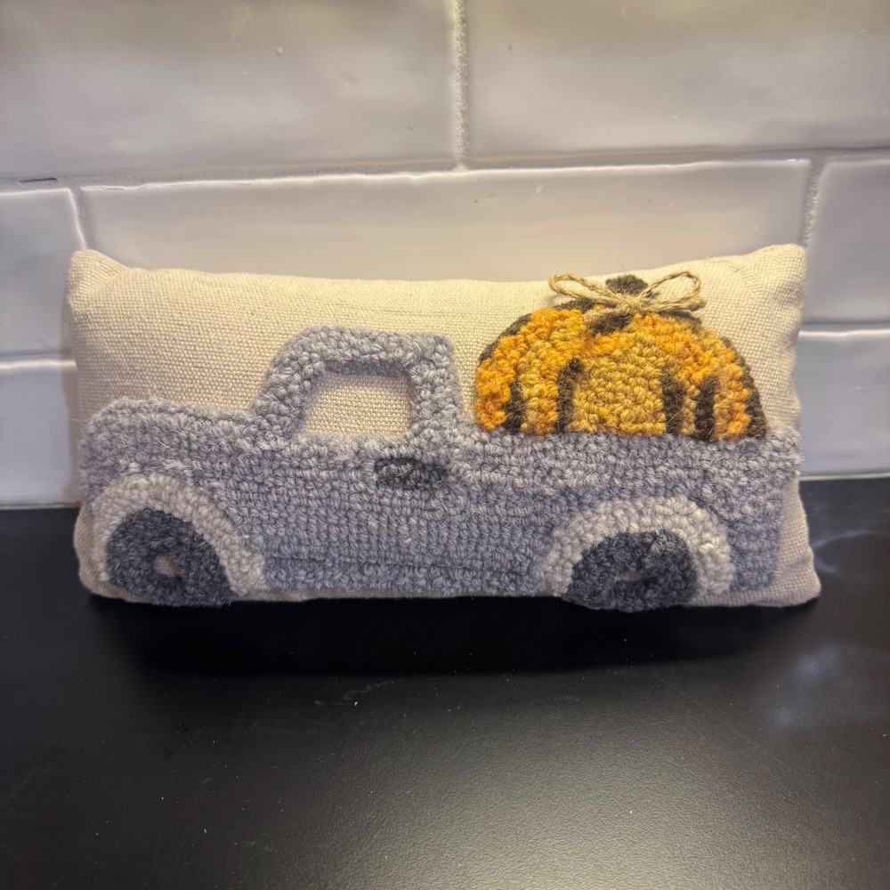Punch Needle Pumpkin Truck Decorative Pillow Small Grey Orange Farmhouse Fall
